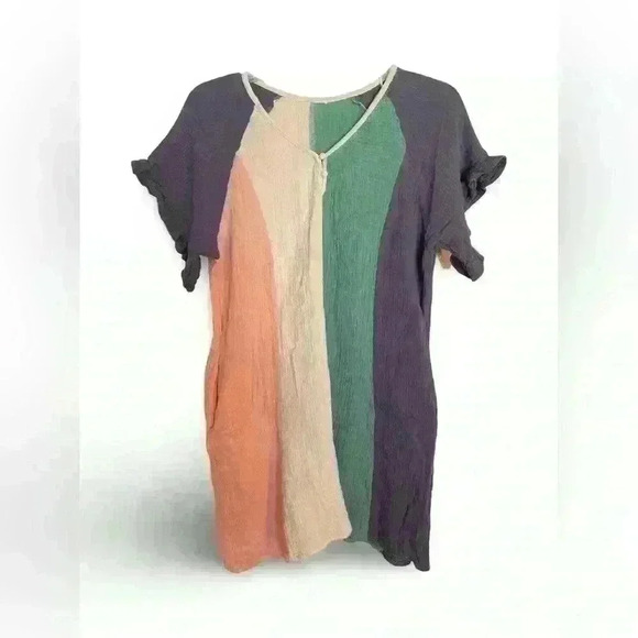 Umgee Mini Dress Sz Small Colorblocked Slubbed 100% Cotton Modern Comfy Casual - Picture 1 of 2